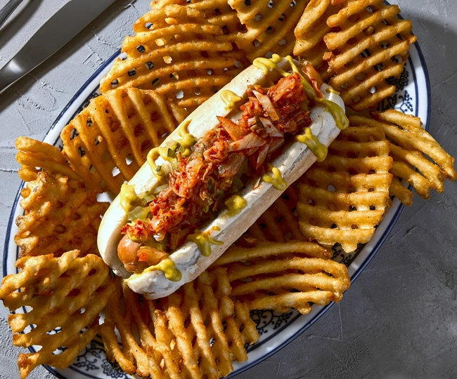 KIMCHI HOT DOG AND SPICY FRIES